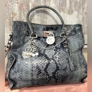 Michael Kors Gray Snake-Print Leather Satchel with Charms